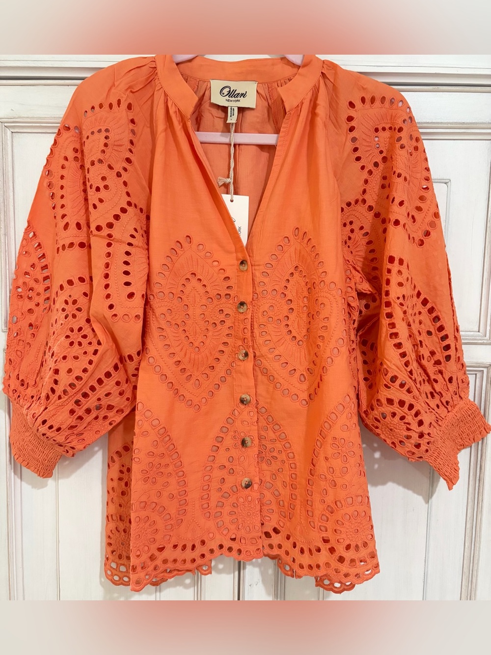 NWT SZ L Anthropologie Ollari New York Orange Eyelet Button-Front Blouse